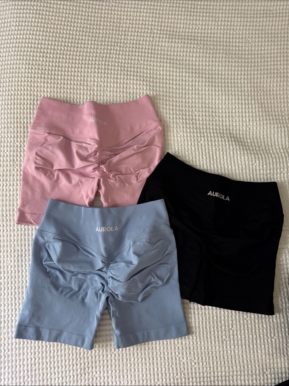 Aurola Women’s Scrunch Back High-Waist Shorts pack of 3 — Pink, Blue, Black